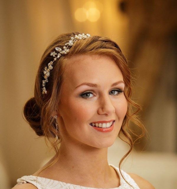 pearl and crystal wedding hairvine on red-haired bride