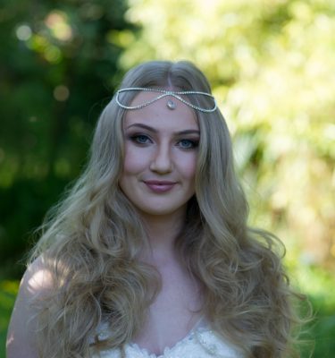 draped head chain with pear drop from on boho styled bride