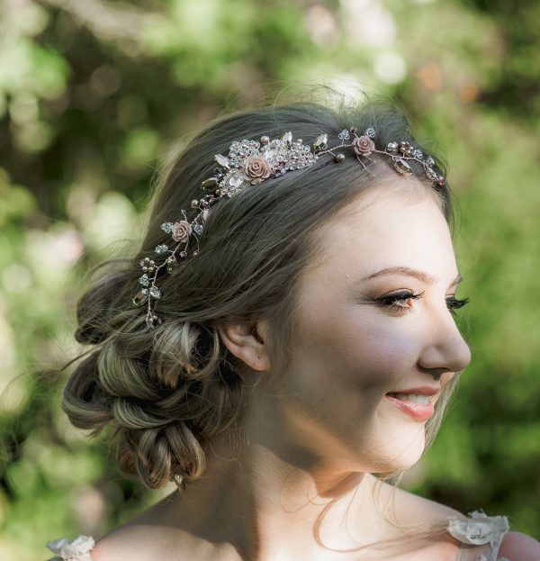 Rose gold floral bridal hairvine on bride