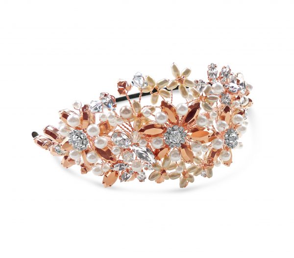 Side wedding headband with rose gold crystal and pearl flowers