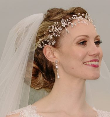pearl and crystal wedding hairvine on real bride