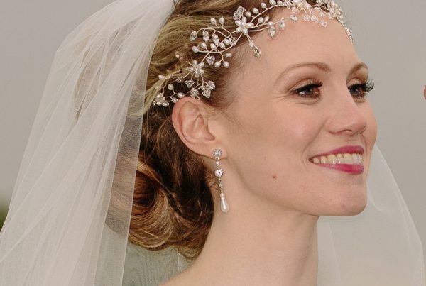 pearl and crystal wedding hairvine on real bride