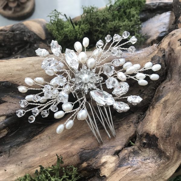 medium size bridal hair comb with pearls and crystals